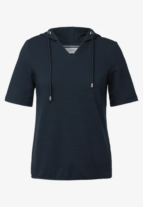 Dunkelblaues T-Shirt mit Kapuze und kurzen Ärmeln.